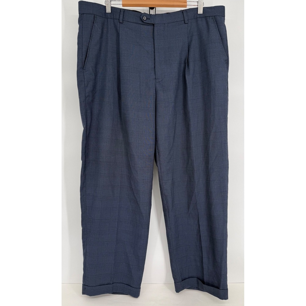 Lineage Milano Mens Blue Glen Plaid Pleated Cuffed Dress Pants Sz 40W